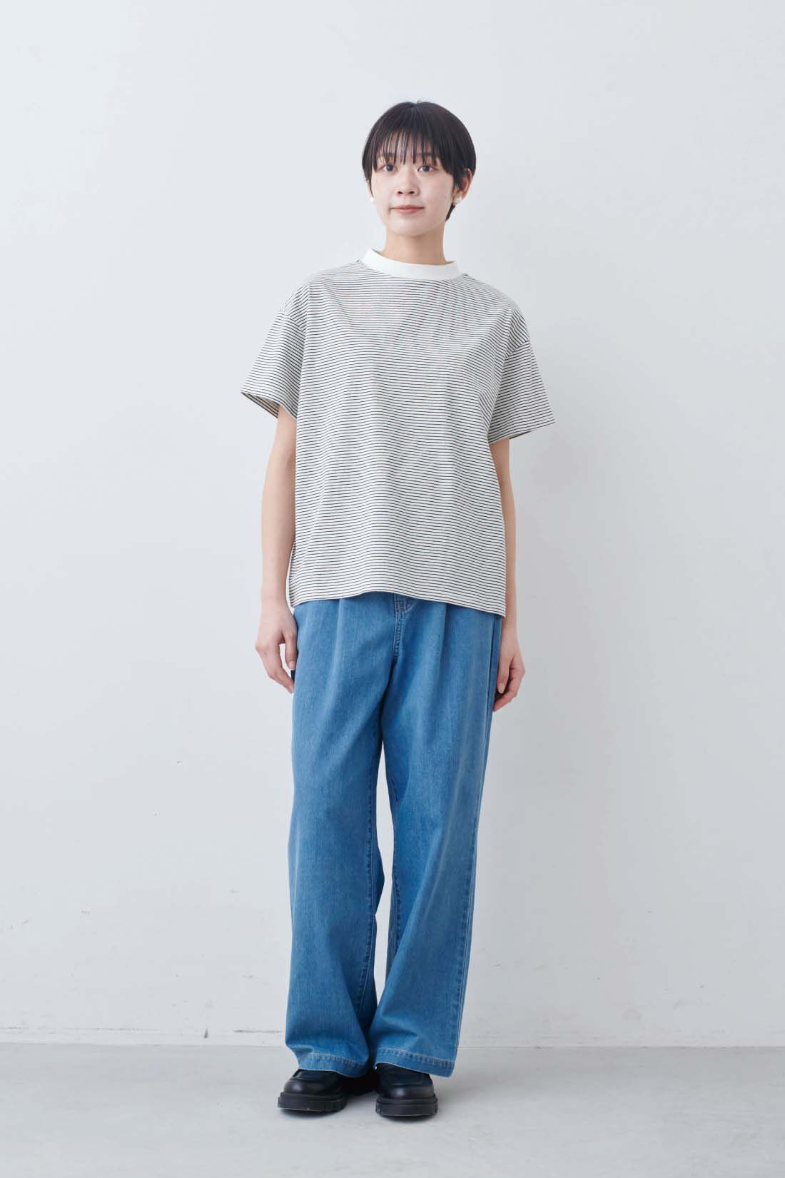THREE FIFTY STANDARD|こだわりボーダーTシャツの会とガラスパールのイヤアクセサリーのコーディネート