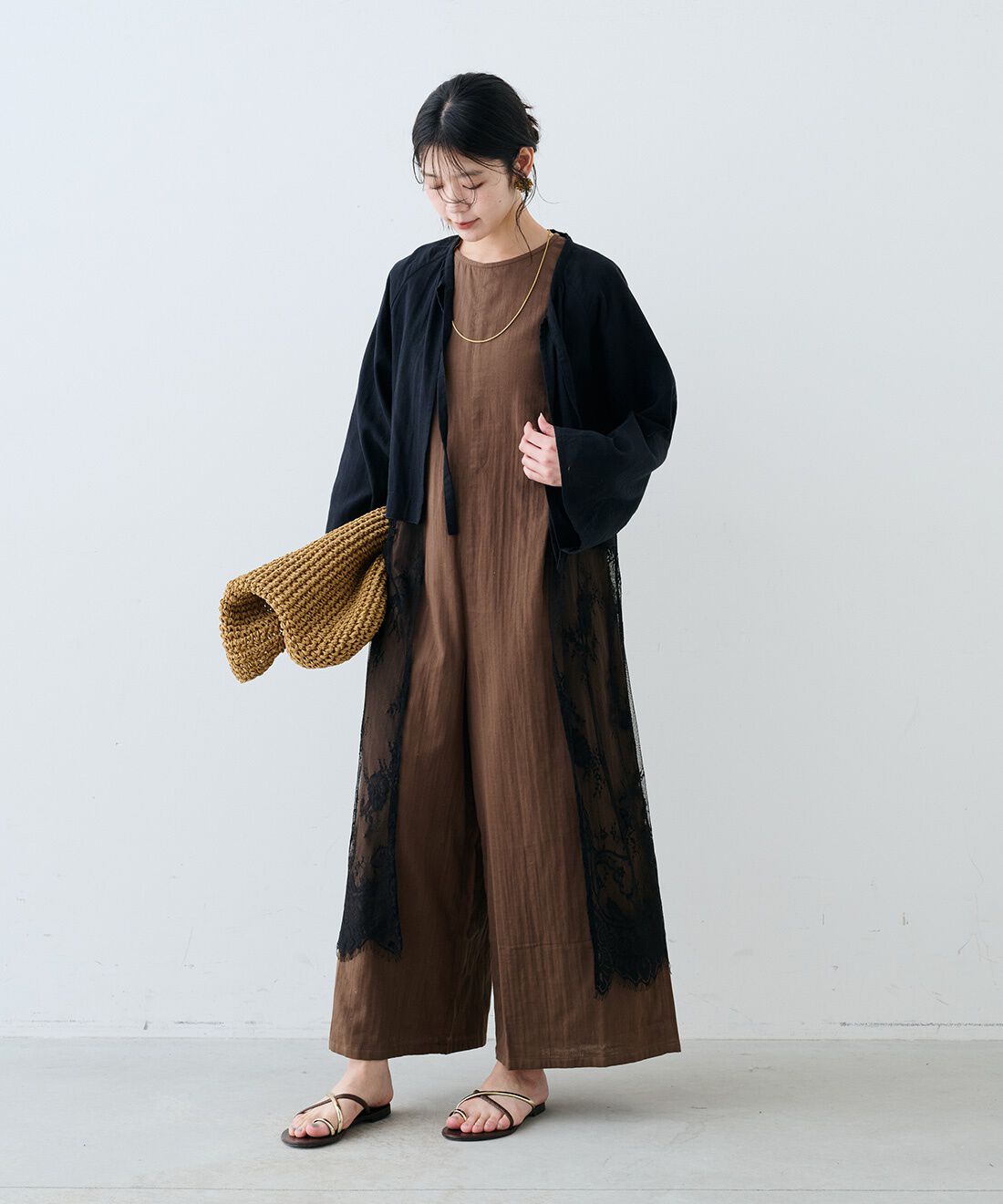 mensha! | チャーチスモック風ロング ガーゼカーディガン〈ブラック〉