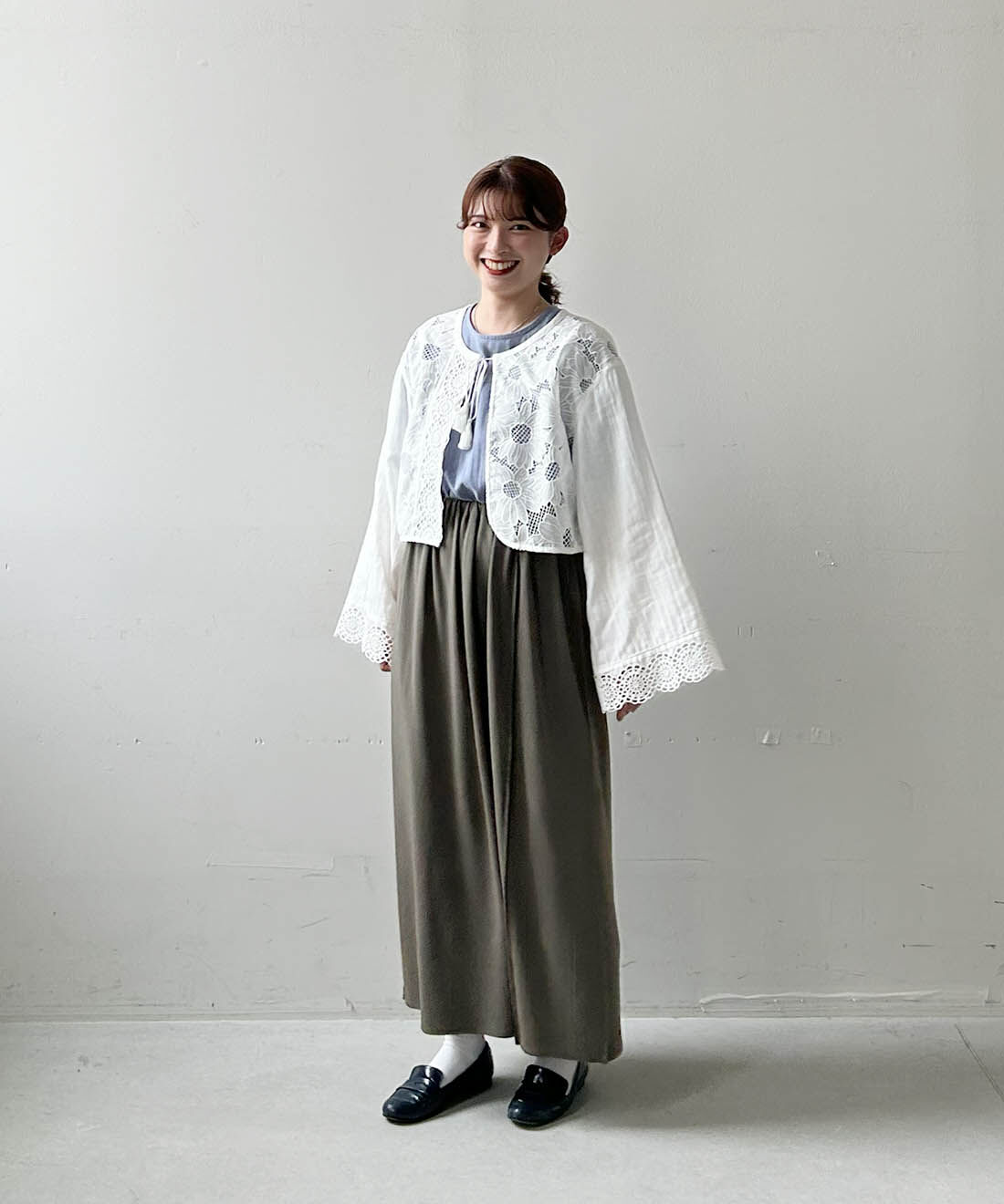 mensha!|ガーゼでドレスアップ! ランタンスリーブトップスのコーディネート|スタッフ身長：152cm　トップス着用サイズ：M