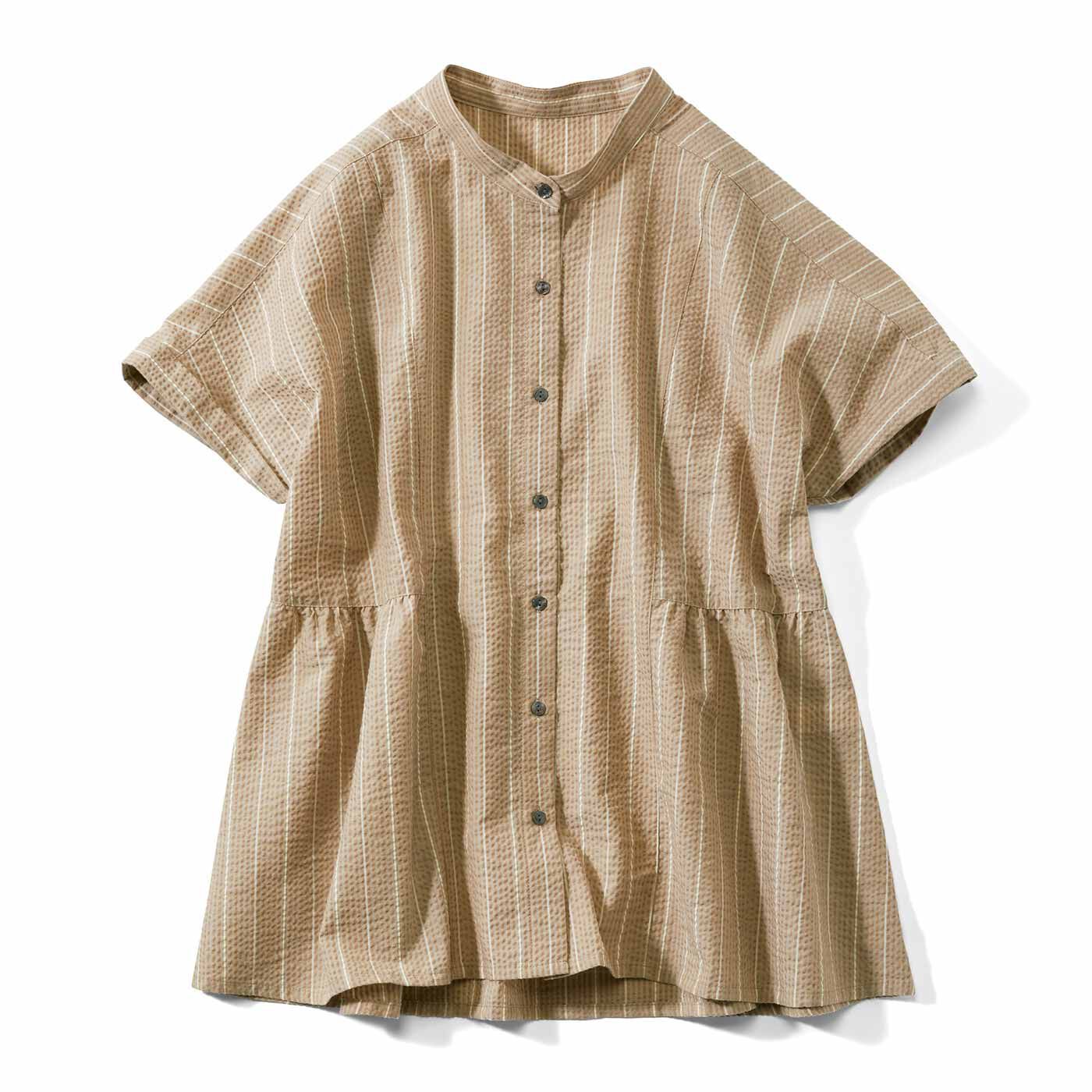Live in  comfort | サッカー素材の 華やかなストライプ ブラウス〈ベージュ〉